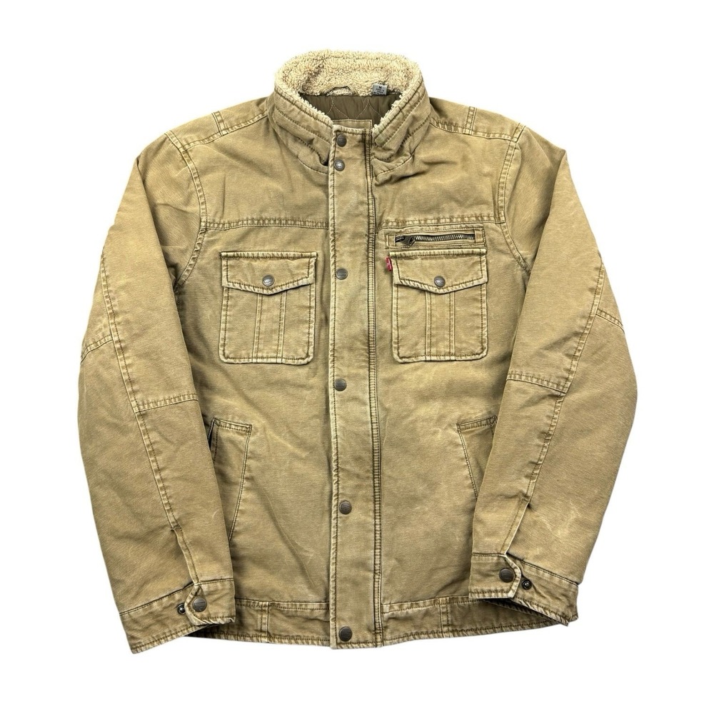 Levis Jacket Men Medium Tan‎ Bomber Trucker Utility Chore Lined Fur Collar Zip